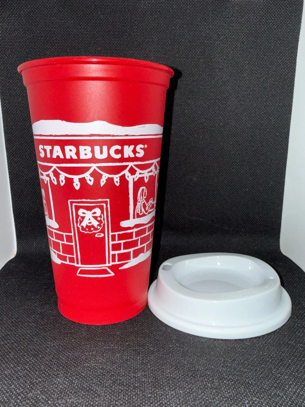Starbucks Red Cup with White Holiday Graphics and White Lid
